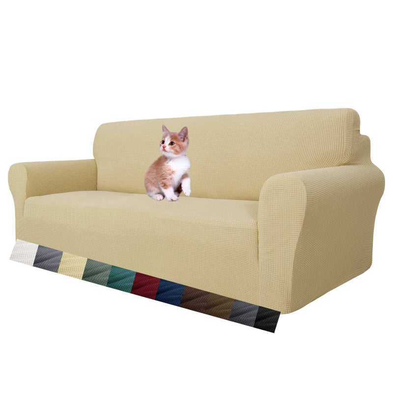 MAXIJIN Super Stretch Couch Cover for 3 Cushion Couch, 1-Piece Universal Sofa Covers Living Room Jacquard Spandex Furniture Protector Dogs Pet Friendly Fitted (Large, Beige) - Image 1
